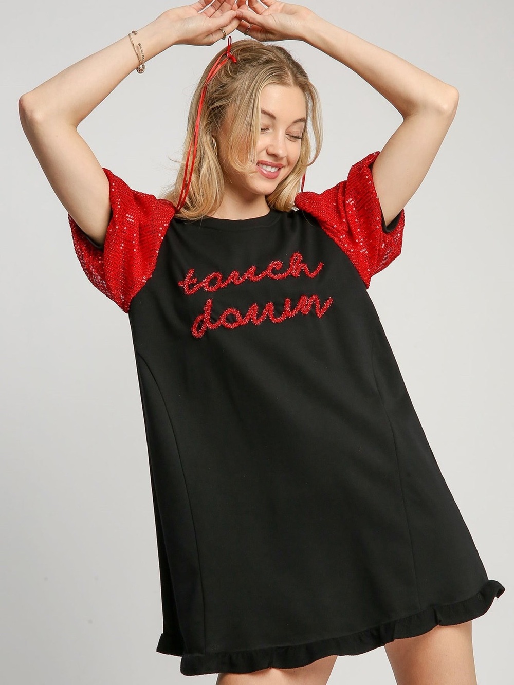Umgee Touch Down Black Shift Dress with Red Sequin Sleeves